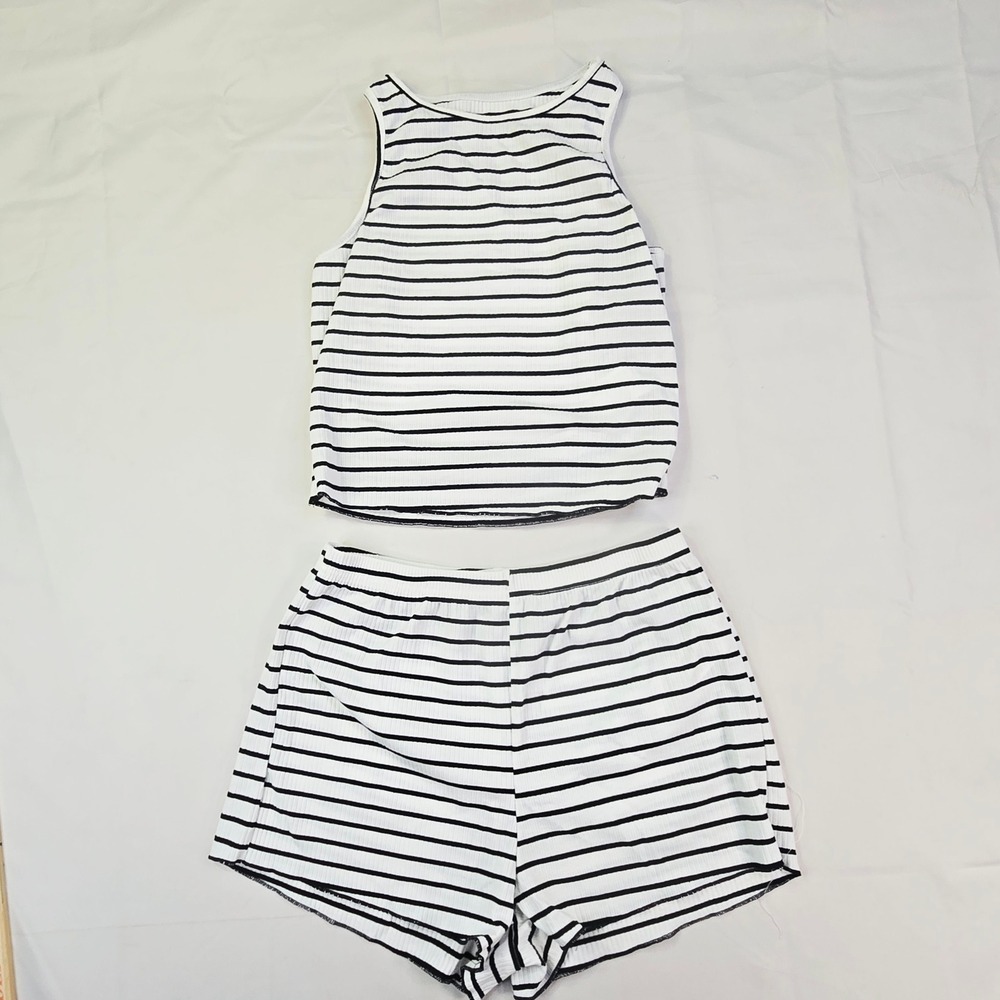 SHEIN Ribbed Striped 2 Piece Set Women's Small White Black Tank Top and Shorts